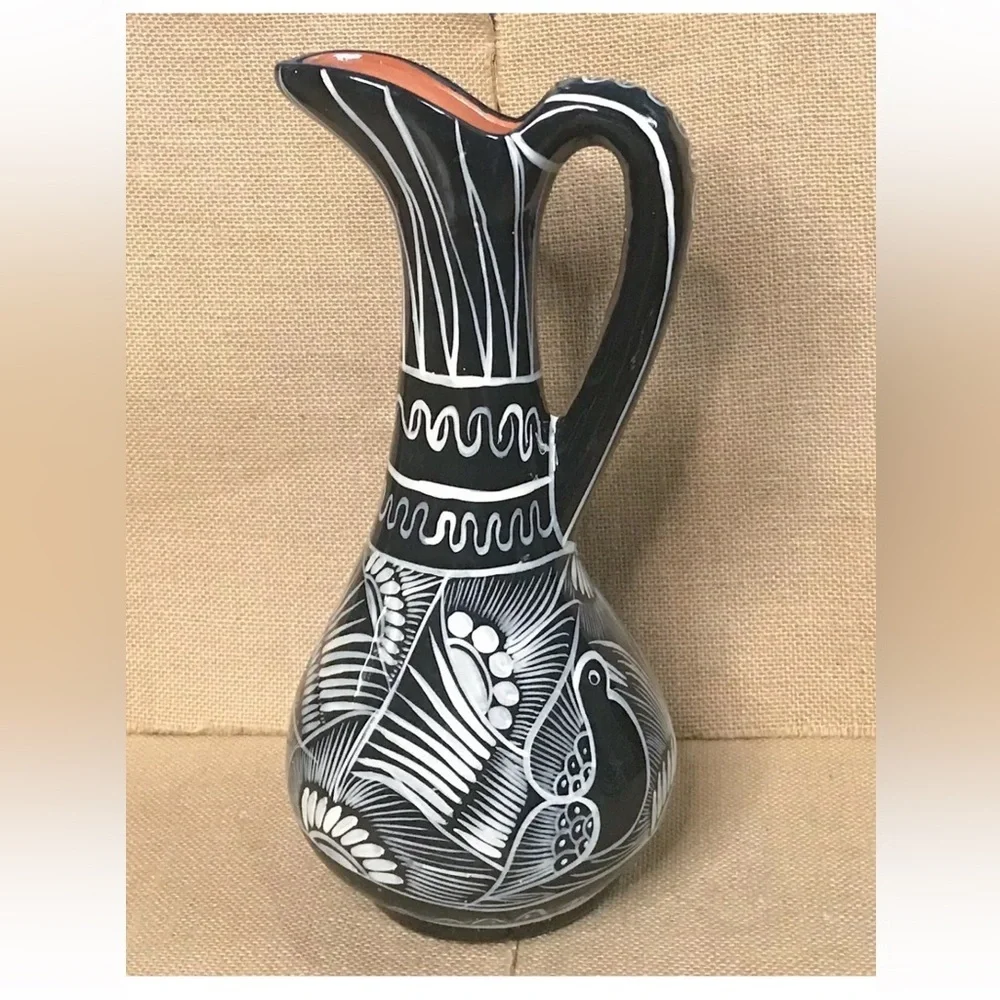Mexican Pottery Pitcher Black White Bird Jug Vase Folk Art Cultural Southwestern